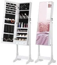  Jewelry Cabinet with Full-Length Mirror, Standing Lockable Jewelry White