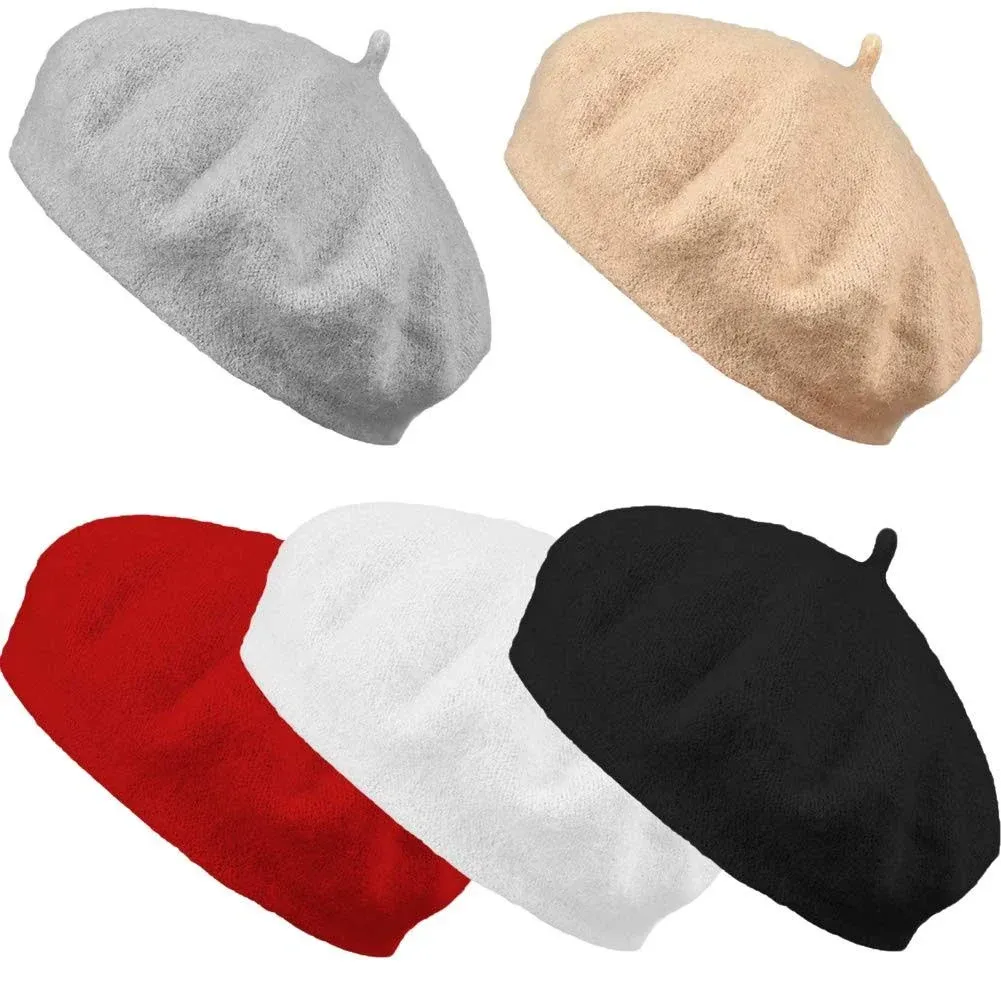 Jolbndcv 6PCS Beret Hat Wool French Large, White, Gray, Black, Red, Khaki 