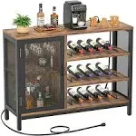 Homieasy Wine Bar Cabinet with Power Outlets, Industrial Coffee Bar Cabinet for Liquor and Glasses, Farmhouse Bar Cabinet with Removable Wine Racks,