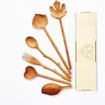 Natural Wood Spoons and Forks Set (Set of 6), Salad Tongs for Serving