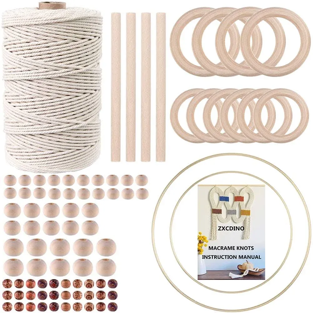 ZXCDINO 87pcs Macrame Kits for Beginners 3mm x 220Yards Natural Cotton Macrame Cord Wall Hanging Kit, Macrame Supplies Best for Macrame Plant Hanger