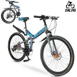 Zacro 26 inch Folding Mountain Bike, 24 Speed Dual Disc Brake Alloy Wheels MTB Bicycle for Men Women Adults Youth, Blue