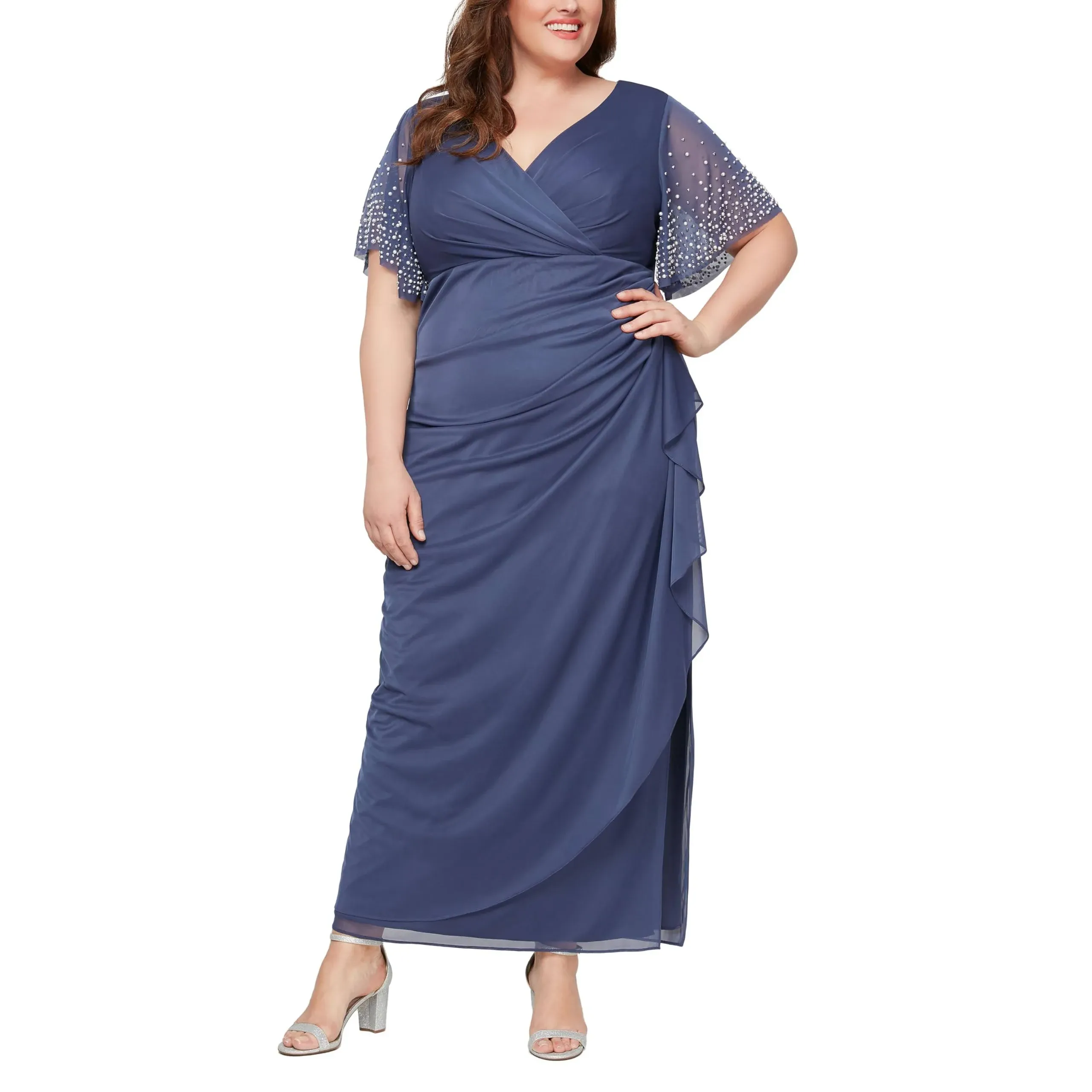 Alex Evenings Plus Size Embellished Short Flutter Sleeve V-Neck Ruched Waist Empire Waist Gown - 24W