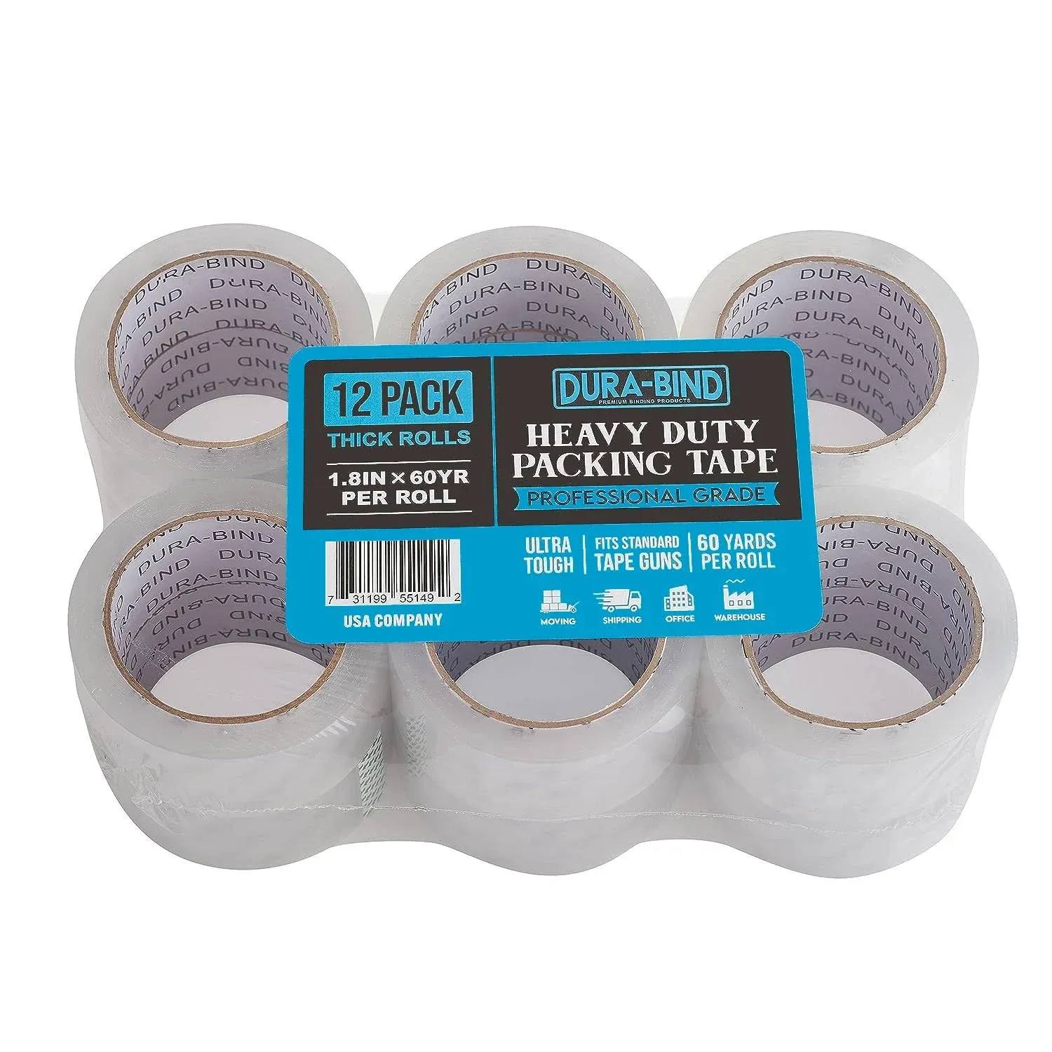 Dura-Bind Sale! Heavy Duty Clear Packing Tape 1.8 inch x 60 Yards. Tough Transparent Packing Tape Refills for Shipping, Moving, Mailing, and All Box