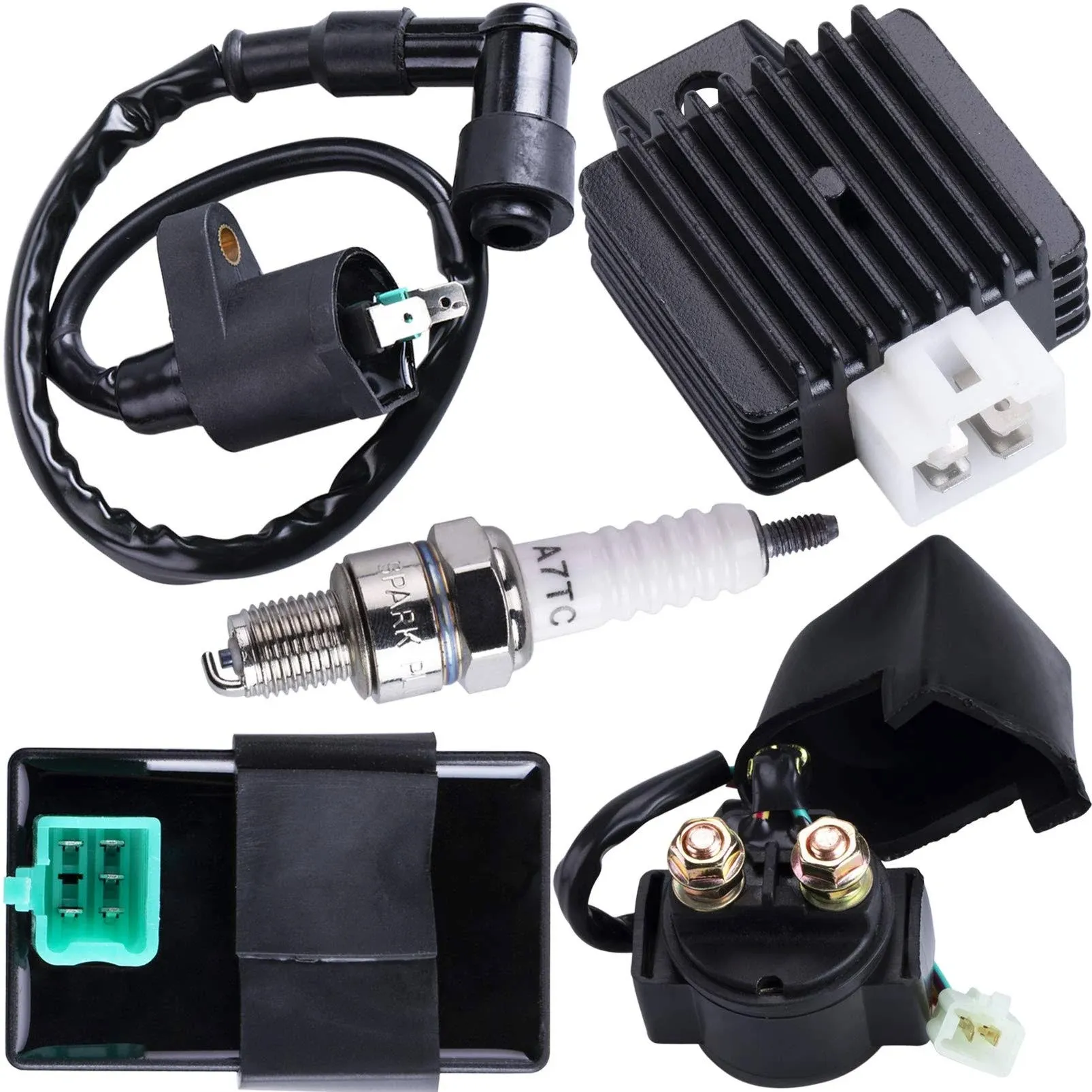 CNCMOTOK Ignition Coil 5-Pin CDI Box Solenoid 4-Pin Relay Voltage Regulator Spark Plug Kit for 50cc 70cc 90cc 110cc 125cc ATV Chinese Go Kart Dirt