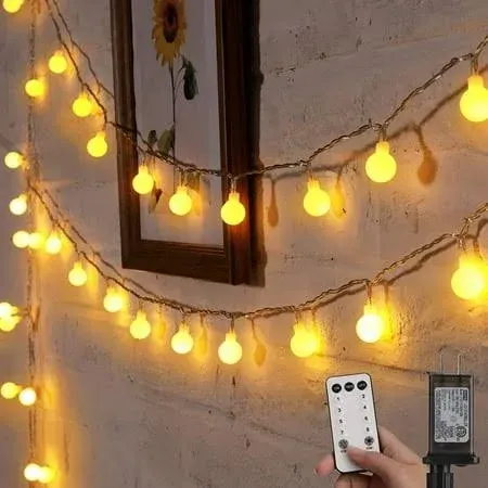 Minetom Globe String Lights - Plug in 33 ft 100 LED Crystal Globe Fairy Lights with 8 Lighting Modes and Remote for Patio Yard Porch Garden Pool Tent Beach Bedroom Wedding Party Decor, Warm White