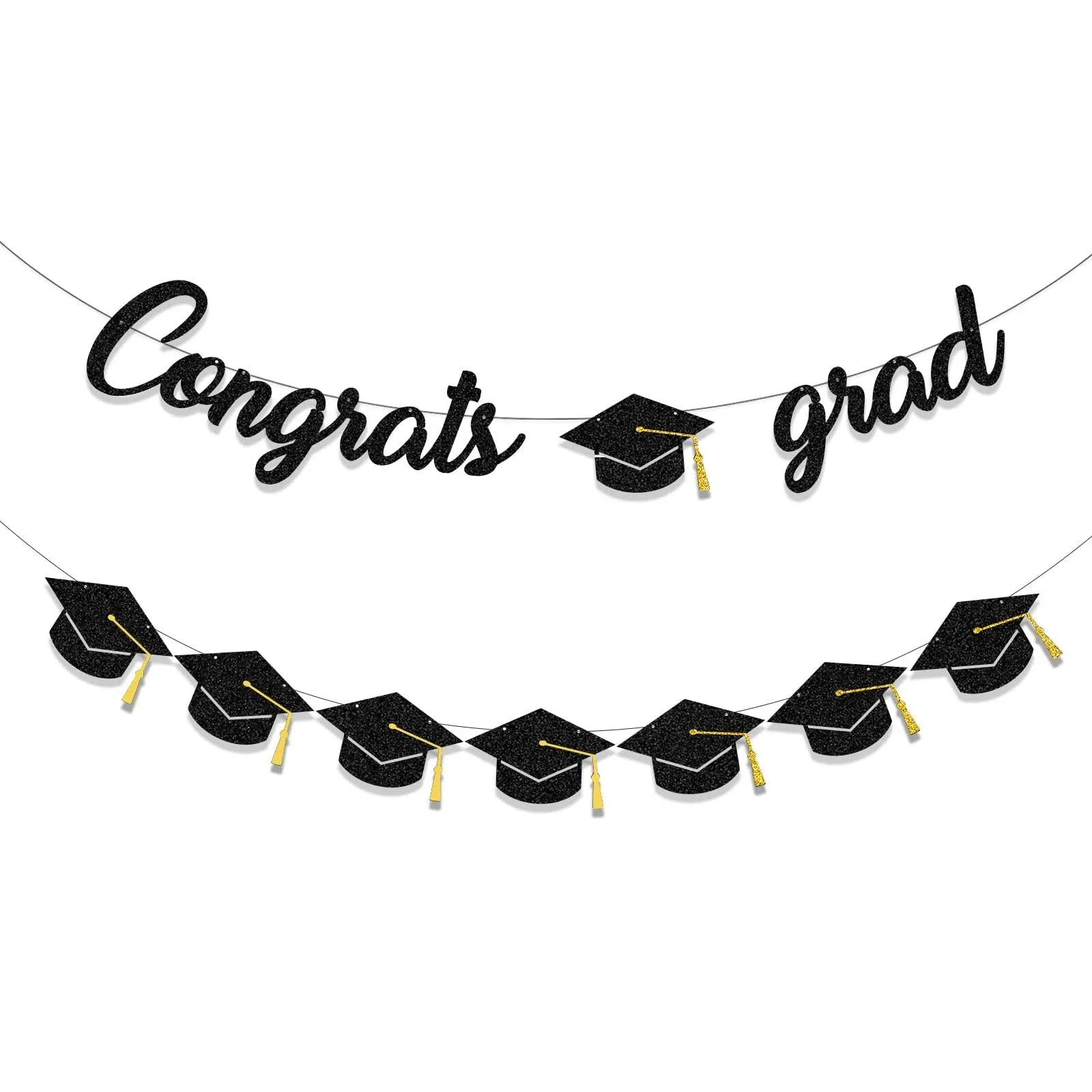 Graduation Decorations Class of 2024 Party Supplies - Congrats Grad Banner and Graduation Cap Banner (Pre-Strung)