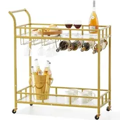 VEVOR 2 Tiers Gold Metal Bar Serving Cart with Wine Rack and Glass Holder