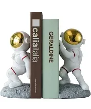 Space Decor Bookends, Resin Astronaut Bookshelf Ends for Kids Rooms Gold Book En