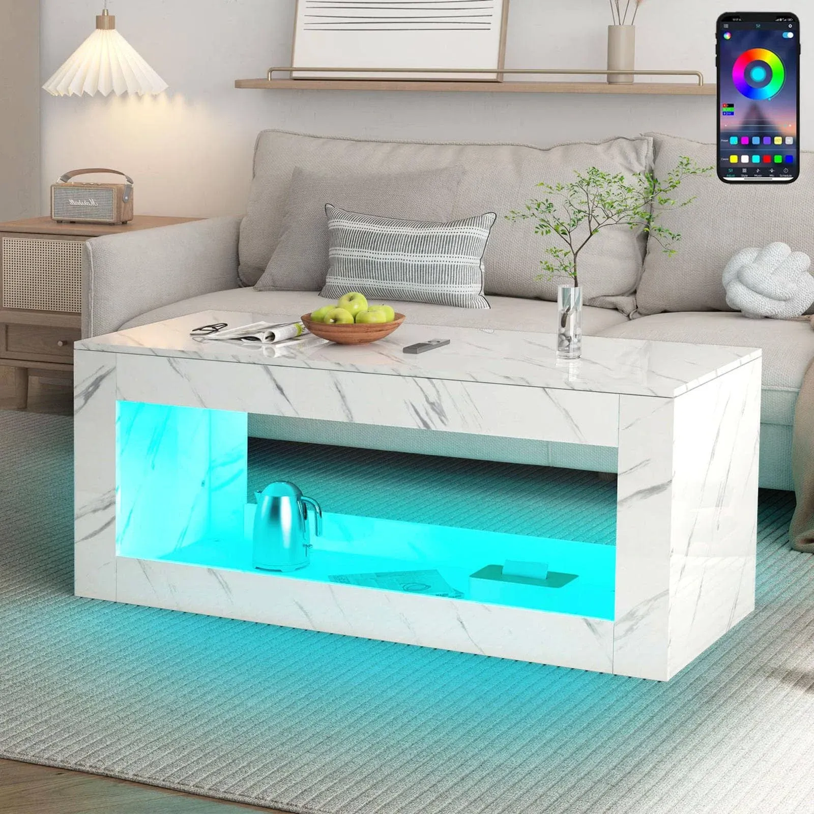 47.3IN Modern LED Coffee Table Black/White Coffee Table for Living Room,High Gloss Coffee Table with APP Control