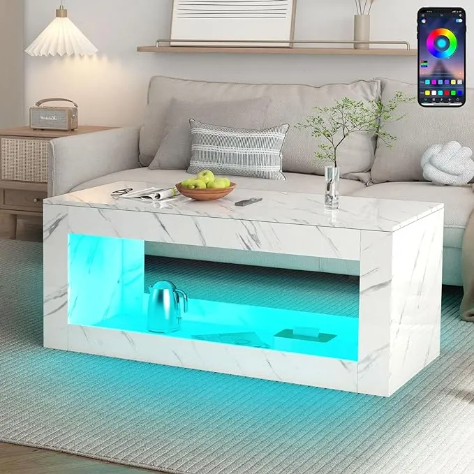 Vinctik 6&Fox 47.3in Modern LED Coffee Table, Black/White Coffee Table for Living Room,High Gloss Coffee Table with App Control, Large Coffee Table