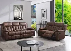 Betsy Furniture 3-PC Microfiber Fabric Recliner Set Living Room Set in Brown, Sofa Loveseat Chair Pillow Top Backrest and Armrests 8028