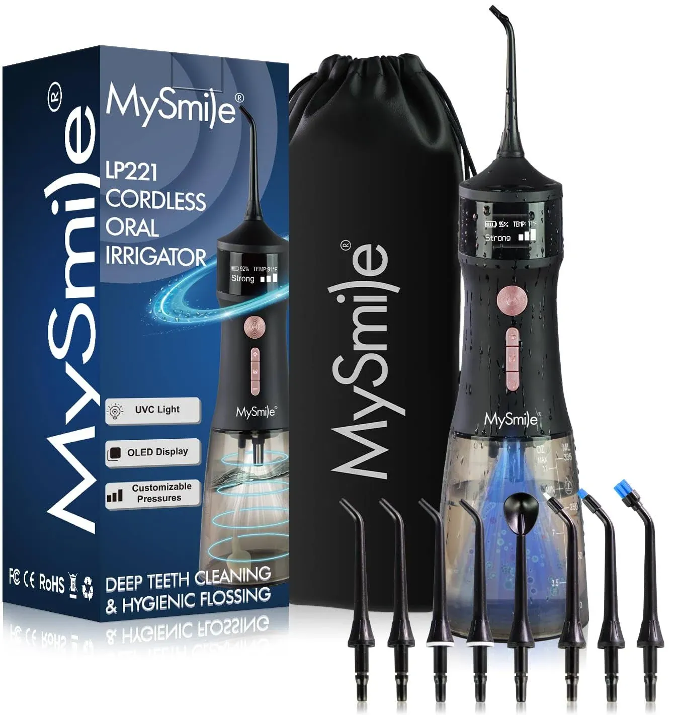 MySmile LP221 UVC Sterilizable Cordless Water Flossers for Teeth 335ML Portable OLED Display Dental Flosser with 4 Modes 8 Jet Tips and a Storage Pouch for Home and Travel (Juicy Pink)