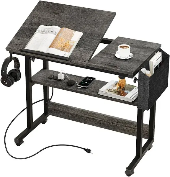 Portable Laptop Table w/Charging Station Adjustable Rolling Computer Desk Home