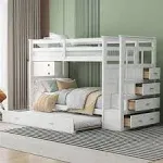 White Twin Over Twin Wood Bunk Bed with Trundle and Storage Staircase