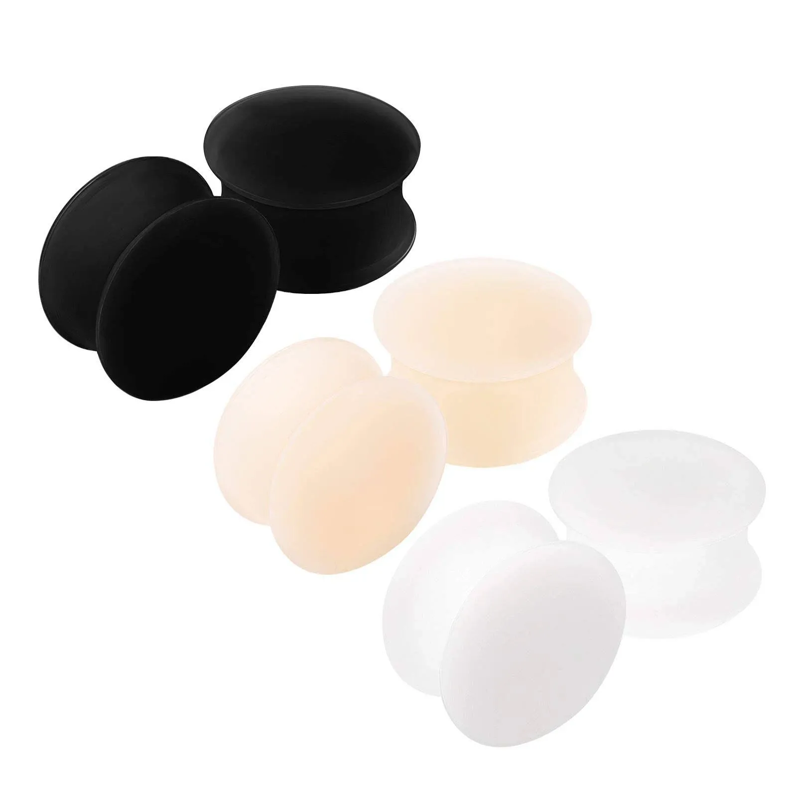 6PCS Silicone Black Double Flared Saddle Skin White Ear Stretcher Gauge Plugs -