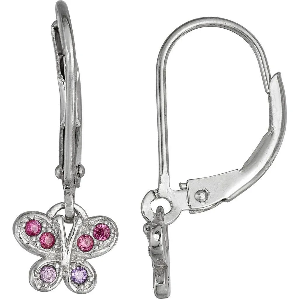 Girls' CZ Butterfly Dangle Hoop Sterling Silver Earrings - Clear - in Season Jewelry