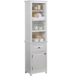 Dorset Bathroom Storage Tower - Open Upper Shelves, Lower Cabinet, and Drawer, Adjustable Shelving, Zinc Metal Hinges, Includes Anti-Tipping Strap, Floor Levelers, Metal Glides - White