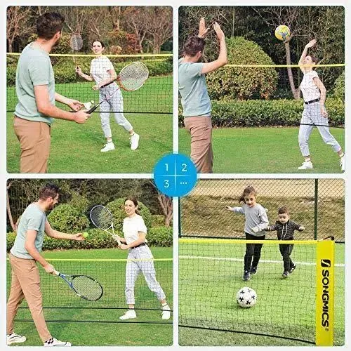 SONGMICS Badminton Net, Height Adjustable Volleyball Net, Pickleball Net for Junior Tennis, Kids, Indoor Outdoor Court, Foldable Nylon Net with Poles 10ft/13ft/16.5ft Wide