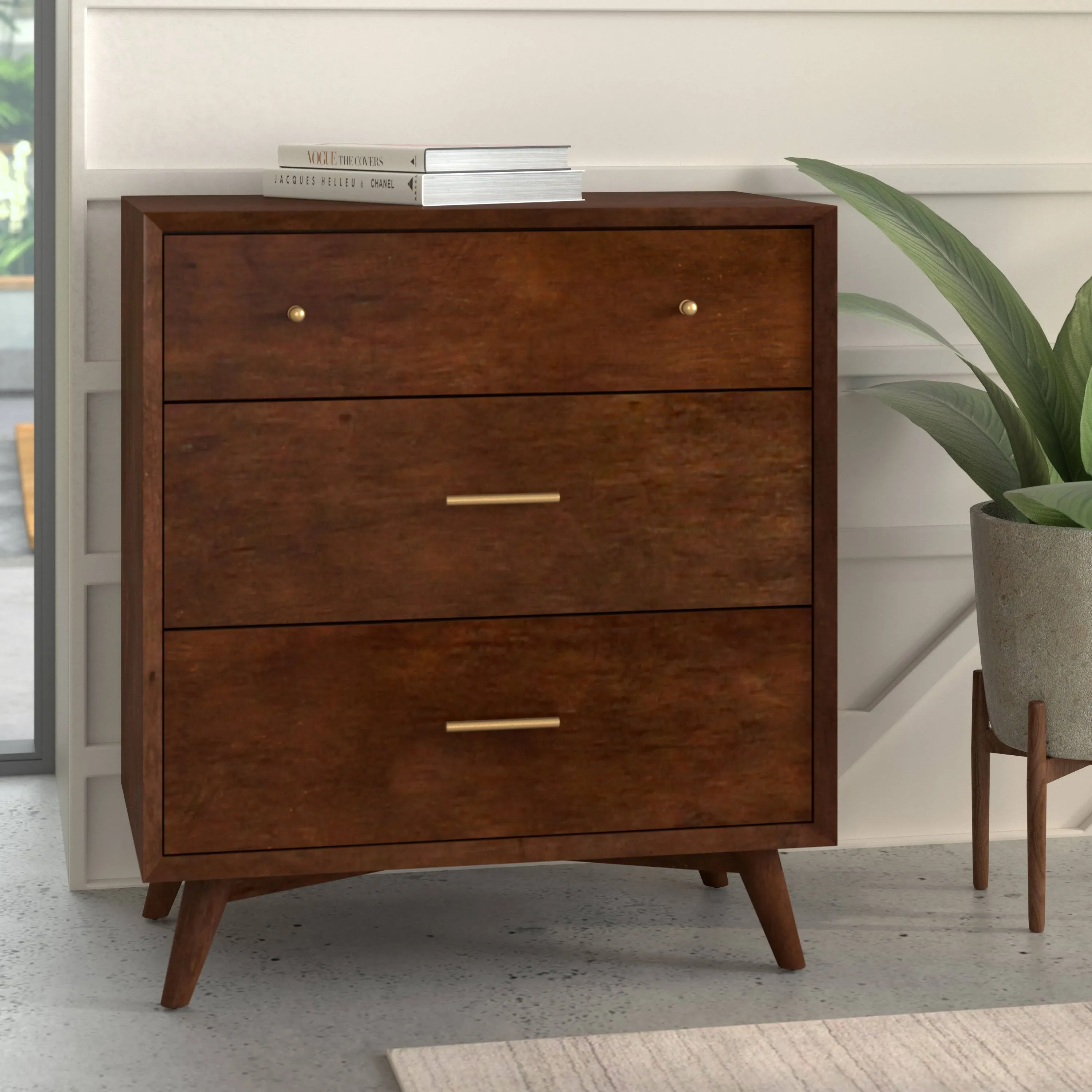 Alpine Flynn Mid Century Modern 3 Drawer Small Chest, Walnut