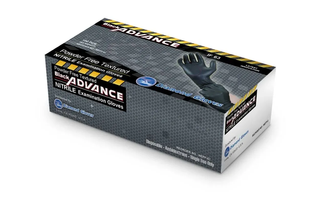 Black Advance Nitrile Examination Powder Free Gloves, Black, 6.3 mil, Heavy Duty, Medical Grade, 100/box