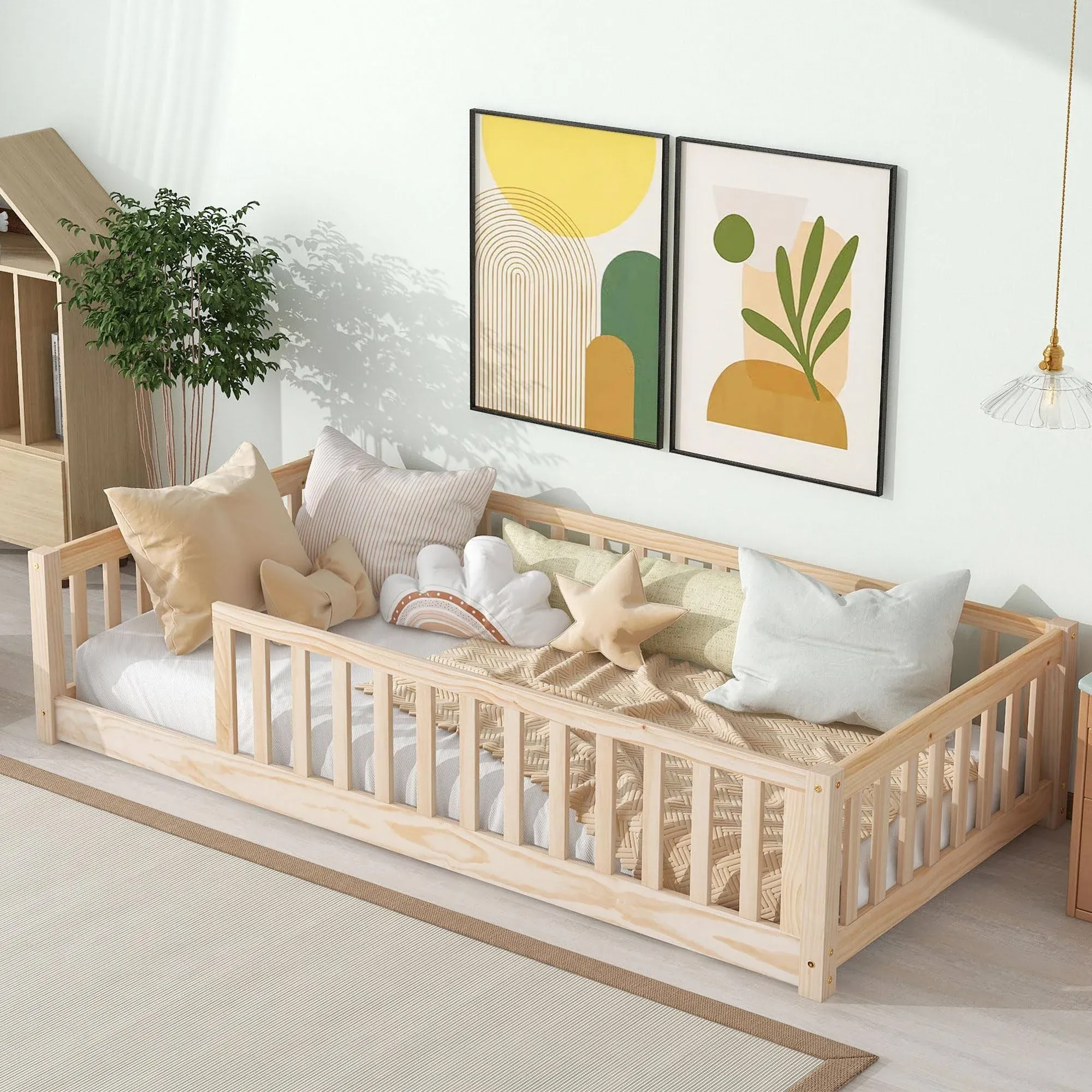 LostCat Queen Size Floor Bed Frame with Fence and Door Design, Wood Montessori Floor Bed with Slat Support, Montessori Bed Frame for Kids Girls Boys, No Box Spring Needed, Natural