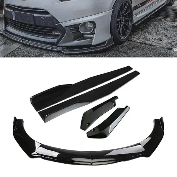 Evargc Glossy Black 69"-73" Adjustable Universal Car Front Bumper Lip Spoiler Diffuser Body Kits + 29" Car Side Skirt Extension Rocker Panel Body