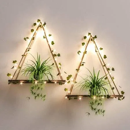 Artificial Ivy Led-Strip Wall Hanging Shelves Set of 2, Macrame Shelf for Bedroo