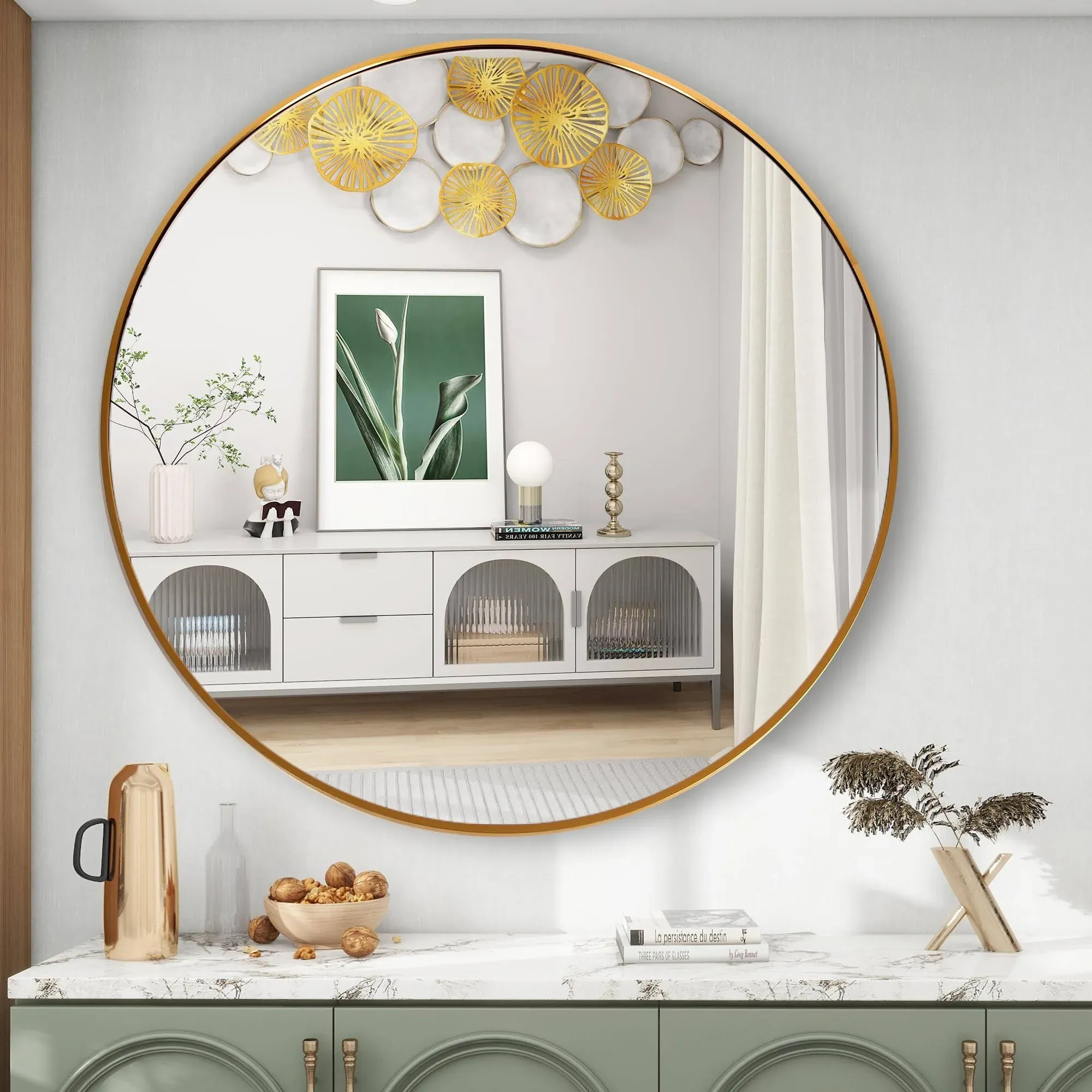 FANYUSHOW Gold Round Mirror, Round Mirror 19.6 inch, Gold Circle Mirror Metal Frame, Round Wall Mounted Mirrors for Living Room, Bathroom, Wall,