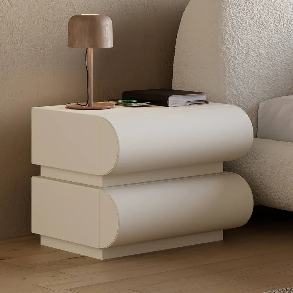 Homary Modern White Leather Smart Nightstand with Wireless Charger 2 Drawers Bedside Table with USB & Type-C Ports