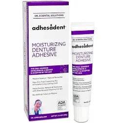 Dr. B Dental Solutions Adhesadent Moisturizing Denture Adhesive - Secure Denture Glue with Strong Grip & Natural Taste - Zinc-Free Dental Adhesive for Dentures, Overdentures - 2.4 oz (2 Pack)
