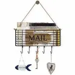 SRIWATANA Mail Holder, Rustic Mail Organizer Wall Mount Hanging Mail Sorter Letter Basket with 5 Key Holder for Wall, Large, Carbonized Black