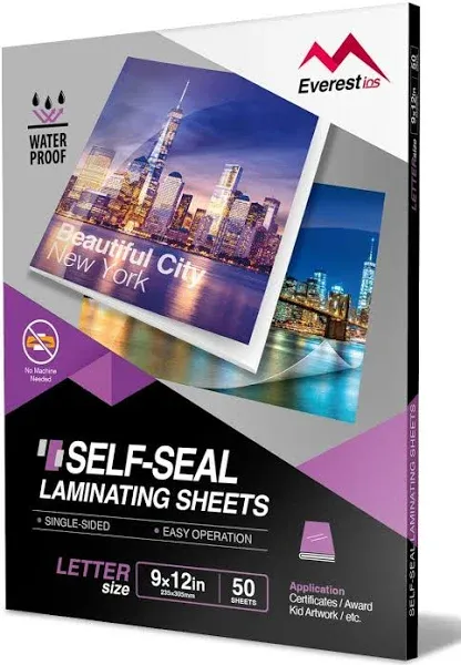 Everest Self Adhesive Laminating Sheets, Single Sided, Waterproof, Non-Toxic Material, PVC Free, 9 x 12 Inches, Letter Size (50)