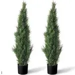 TRESIL Set of 2 Pre-Potted Faux Cedar Tree Lifelike UV Protected Front Door Decor