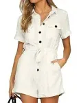 GRAPENT Women's Summer Short Sleeve Button Down Pockets Belted Jumpsuits Rompers