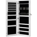 SONGMICS Jewelry Cabinet Armoire, Lockable Wall-Mounted Organizer Unit with 2 Plastic Cosmetic Storage Trays, Full-Length Frameless Mirror, White