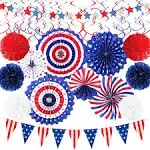 DawnHope 38pcs 4th/Fourth of July Patriotic Decorations Set Independence Day Red White Blue Hanging Paper Fans, Hanging Swirl