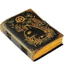 Blank Spell Book of Shadows Journal Little Witch Cat Printed Witchcraft Supplies Wiccan Notebook Handmade Vintage Deckle Paper Grimoire Journal Leather Sketchbook, Drawing Journal (7 X 5)