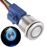 APIELE 22mm Momentary Push Button Switch 12V Angel Eye LED Waterproof Stainless Steel Round Metal Self-Reset 7/8'' 1NO 1NC with Pigtail (Blue)