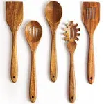 KITEISCAT Acacia Wooden Spoons for Cooking: 5-Piece Kitchen & Cooking Utensils Set - Wooden Spatula, Slotted & Pasta Spoon - Essential Wooden