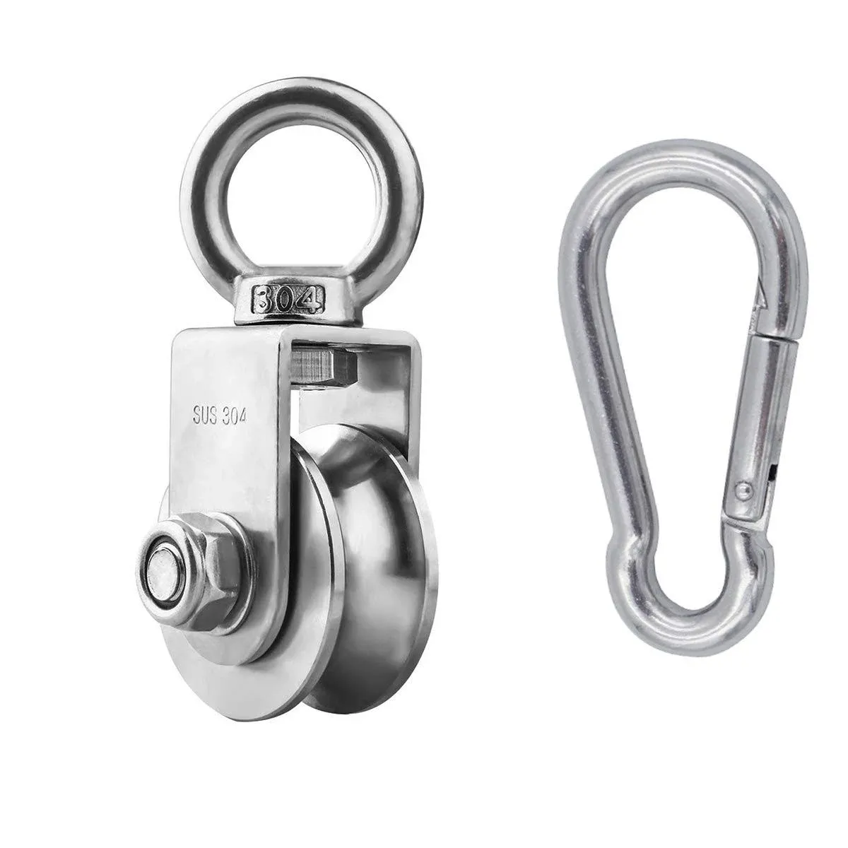 Penkwiio Single Pulley Block 360 Degree Rotation Traction Wheel Stainless Steel Swivel Hook & Carabiner Heavy Duty for Washing L