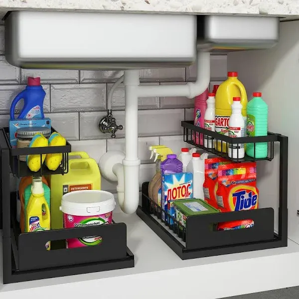 2 Pack Under Sink Organizer, Height Adjustable Under Sink Black 2 Pack