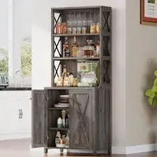 DWVO 67" Tall Wine Bar Cabinet for Liquor and Glasses, Farmhouse Kitchen Cabinet Coffee Bar with Adjustable Shelves, Open Storage Shelves, Buffet Kitchen Cabinet for Dinning Room, Kitchen, Grey Wash