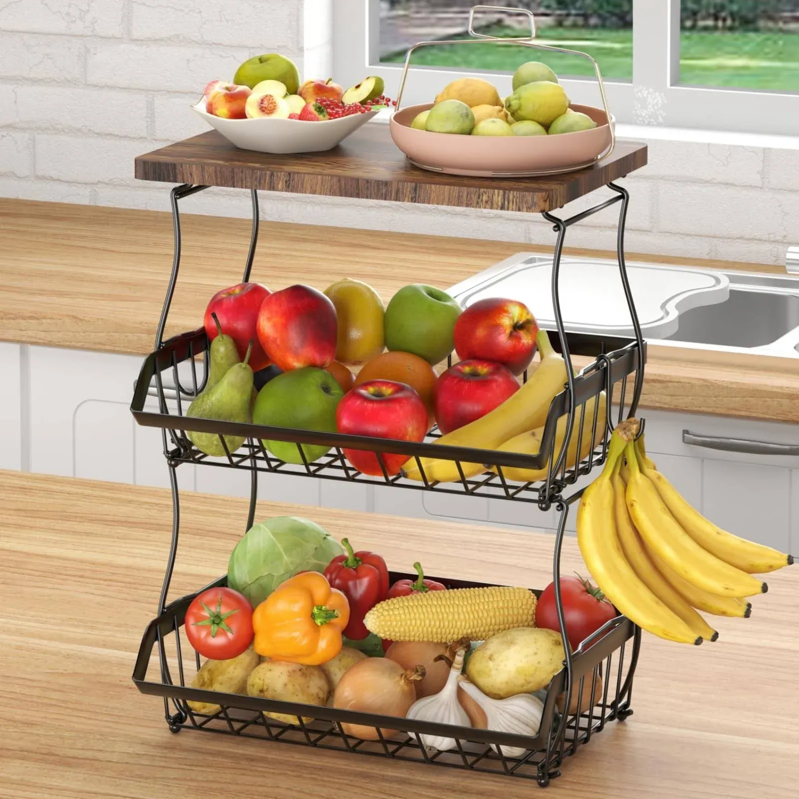 XYZLVSI 3 Tier Countertop Fruit Basket Bread Bowl