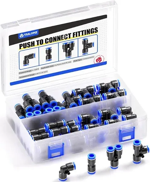 Tailonz Pneumatic od Push to Connect Fittings Pneumatic Fittings Kit 10 Spliters+10 Elbows+10 tee+10 Straight