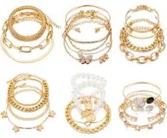 6 PACK 24 PCS Boho Gold Chain Bracelets Set Women Girls 14K Gold Plated Multiple