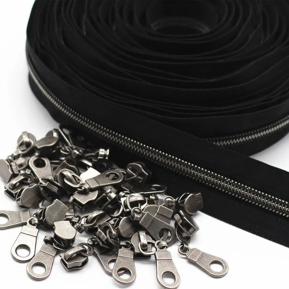 #5 Gunmetal Metallic Nylon Coil Zippers by The Yard Bulk Black Tape 10 Yards ...