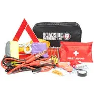 Roadside Assistance Car Emergency Kit - First Aid Kit, Jumper Cables, Tow Rope, LED Flash Light, Rain Coat, Tire Pressure Gauge, Safety Vest & More