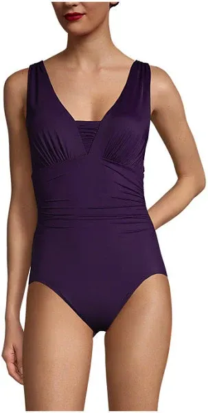 Lands' End Women's Long SlenderSuit Grecian Tummy Control Chlorine Resistant One Piece Swimsuit