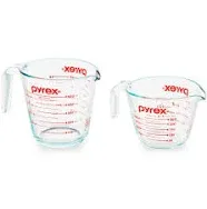 Pyrex 2 Piece Glass Measuring Cup Set, Includes 1-Cup, and 2-Cup Tempered Glass Liquid Measuring Cups, Dishwasher, Freezer, Microwave, and Preheated